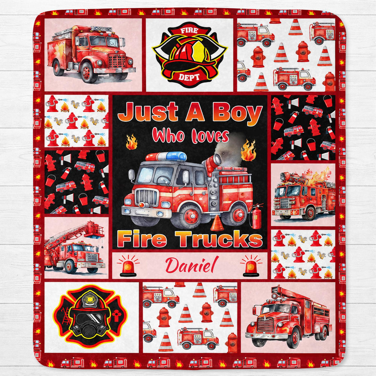 Just A Boy Who Loves Fire Trucks With Firefighter Icons - Personalized Custom Blanket - FIF159_BLK