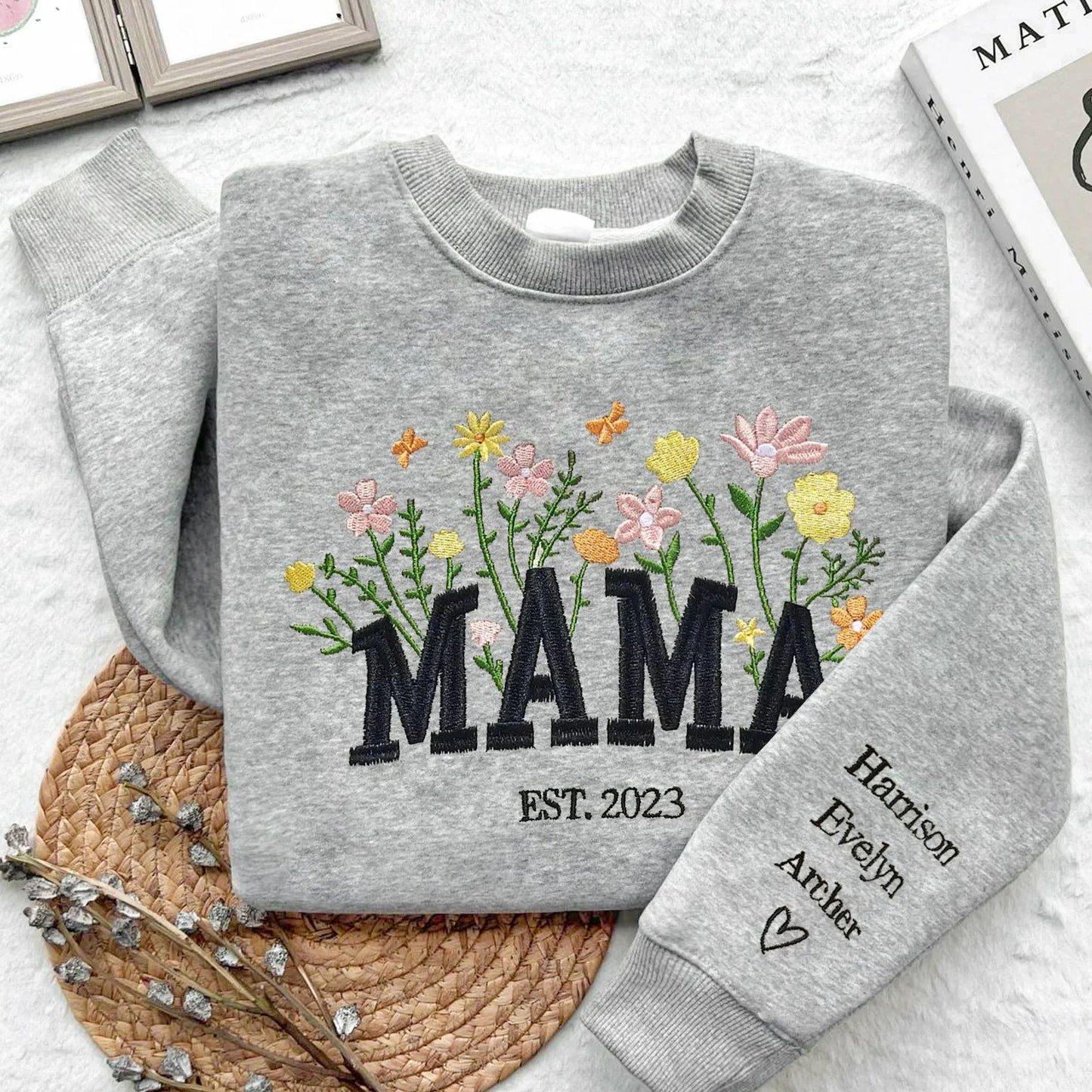 Custom Mama Embroidered Floral Sweatshirt