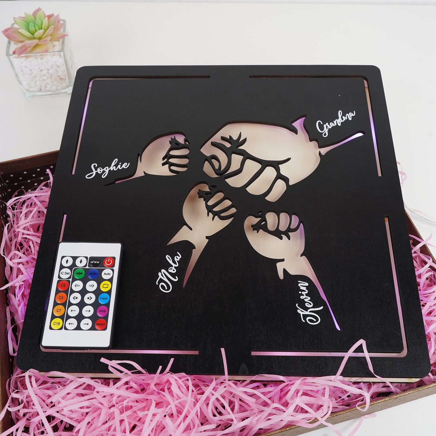 Custom Fist Bump Dad and Kids Wooden Sign With LED Lights