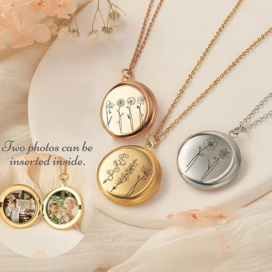 Personalized Gifts Birth Flower Photo Necklace