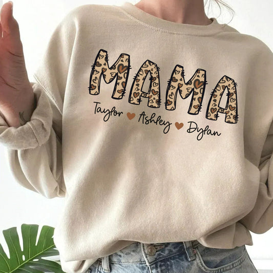 Custom Mama Sweatshirt with Names, Leopard Mama Gift for Mom