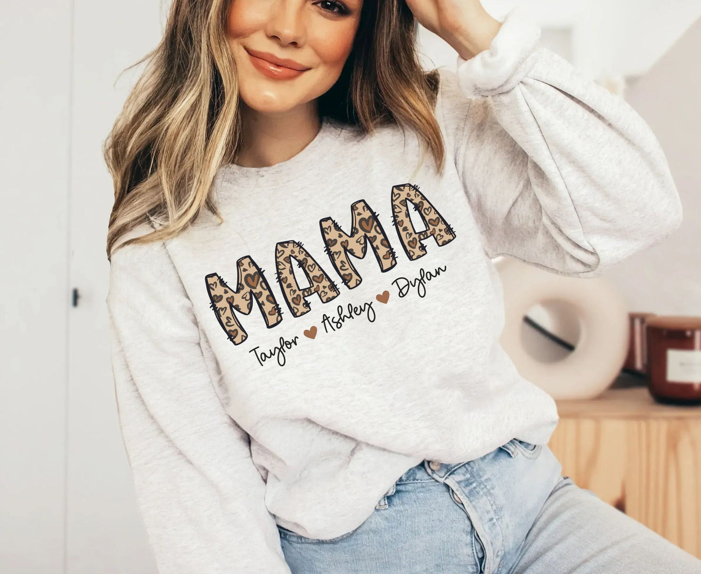 Custom Mama Sweatshirt with Names, Leopard Mama Gift for Mom
