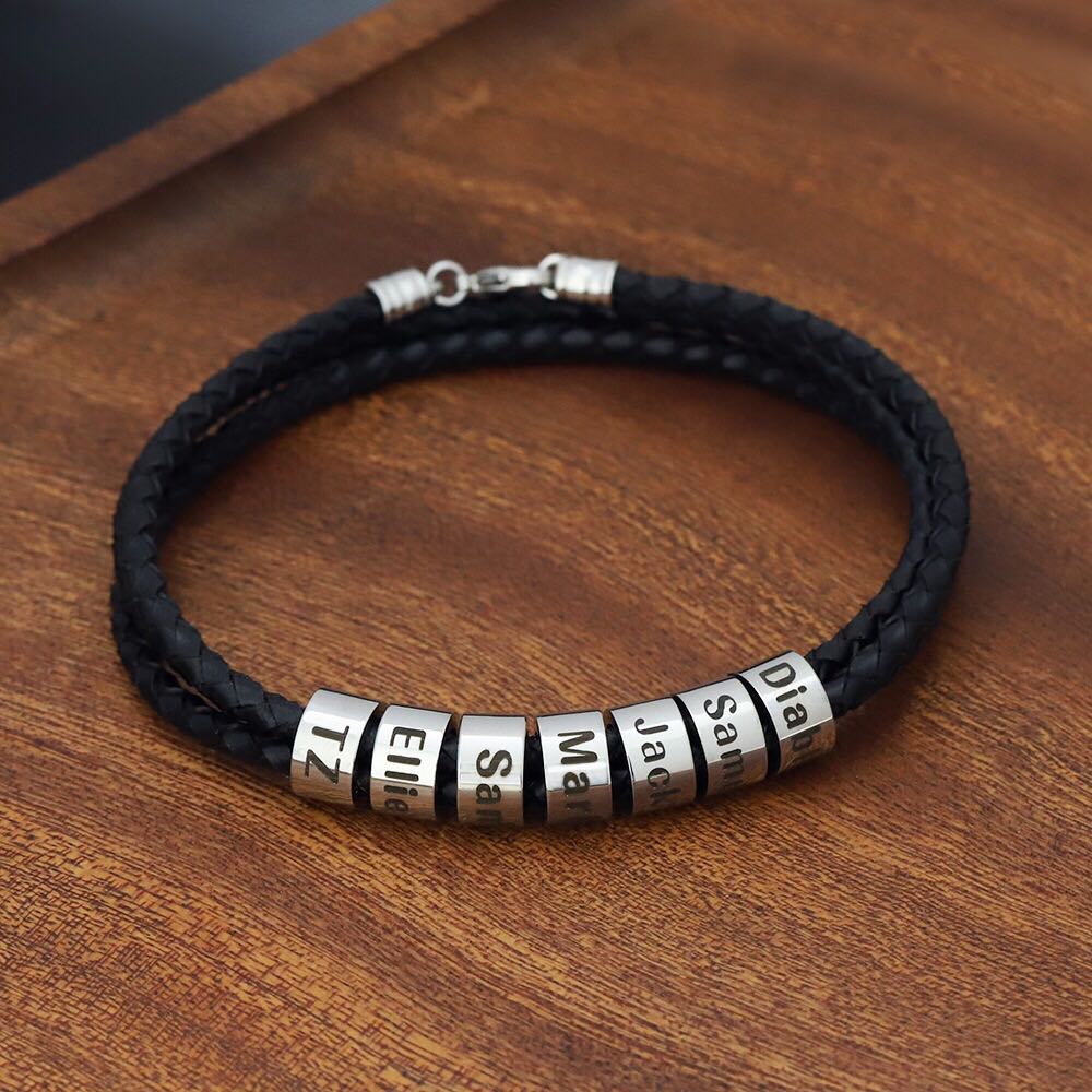 Men's Leather Bracelet with Customed Beads
