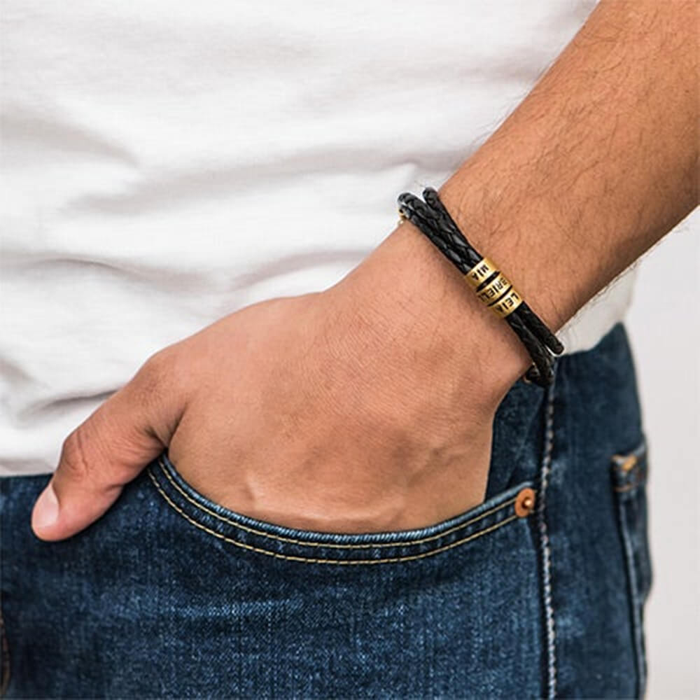 Men's Leather Bracelet with Customed Beads