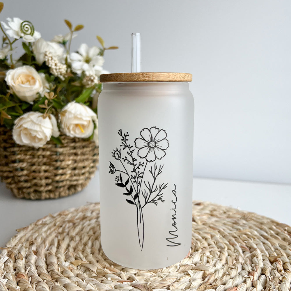 50%OFF⭐️Personalized Iced Coffee Glass Tumbler  With Name And Birth Flower