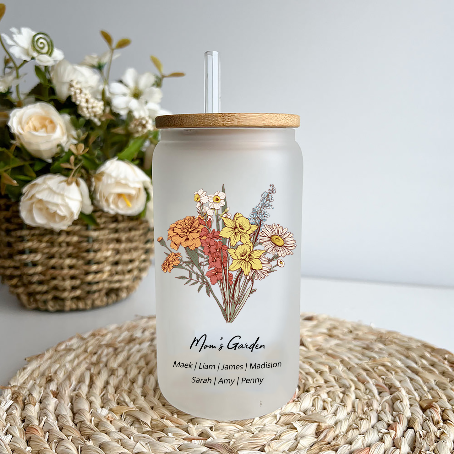 50%OFF⭐️Personalized Iced Coffee Glass Tumbler  With Name And Birth Flower