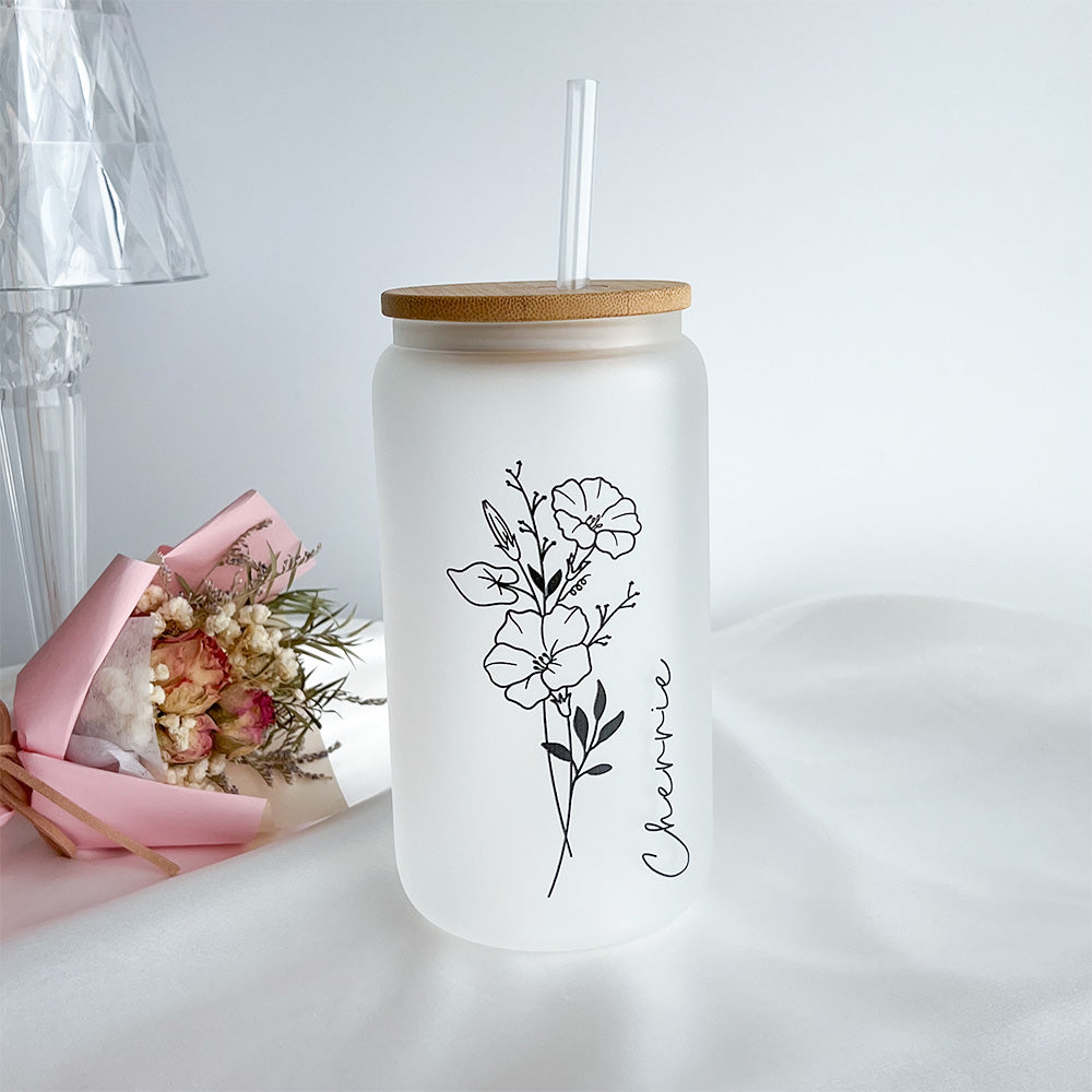 50%OFF⭐️Personalized Iced Coffee Glass Tumbler  With Name And Birth Flower