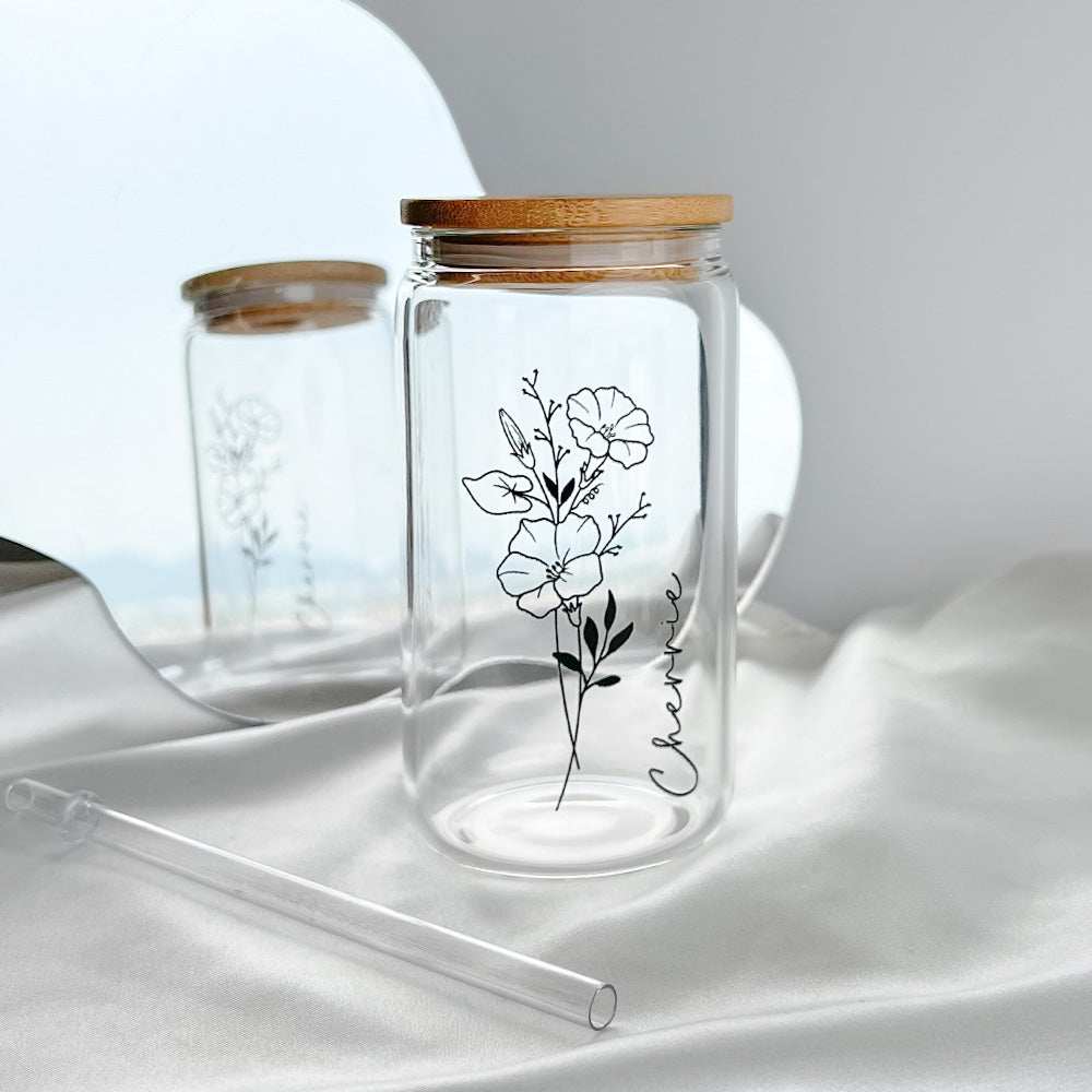 50%OFF⭐️Personalized Iced Coffee Glass Tumbler  With Name And Birth Flower