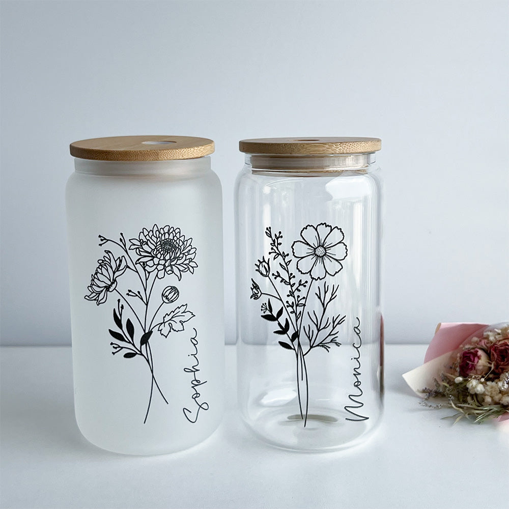 50%OFF⭐️Personalized Iced Coffee Glass Tumbler  With Name And Birth Flower