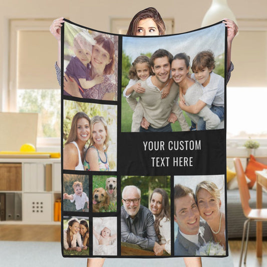 Custom 9 Photos Text Black Fleece Blanket Gift for Him/Her💞