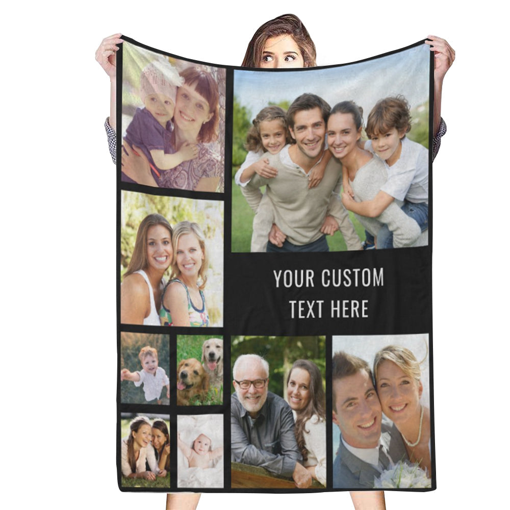 Custom 9 Photos Text Black Fleece Blanket Gift for Him/Her💞