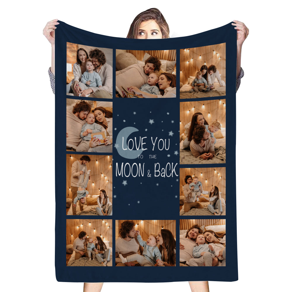 Custom 10 Photos Love You To The Moon Back Fleece Blanket💞