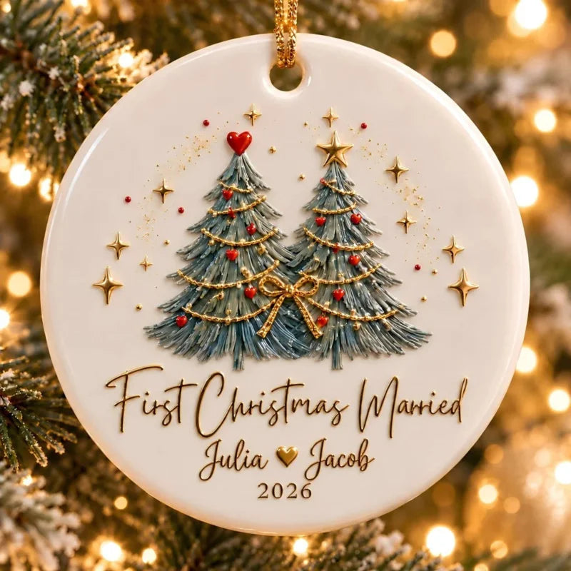 Personalized First Christmas Married Wreath Ceramic Ornament