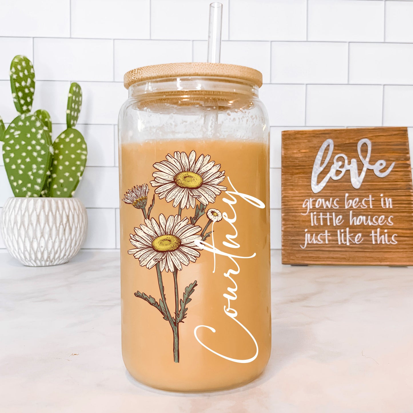 50%OFF⭐️Personalized Iced Coffee Glass Tumbler  With Name And Birth Flower