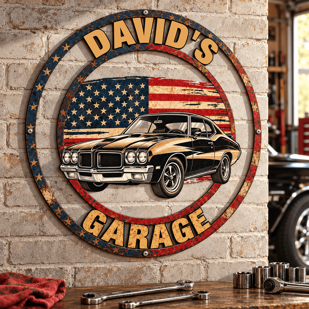 Personalized Shaped Yard Sign with Classic Muscle Car and American Flag, Unique Gift for Dad and Car Enthusiasts