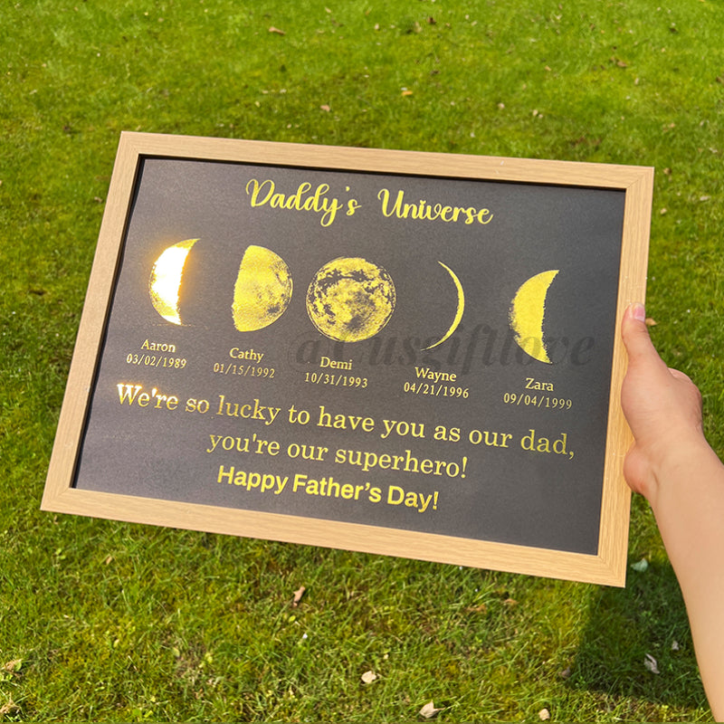 Custom Moon Phase Frame With Text & Date- Daddy's Universe