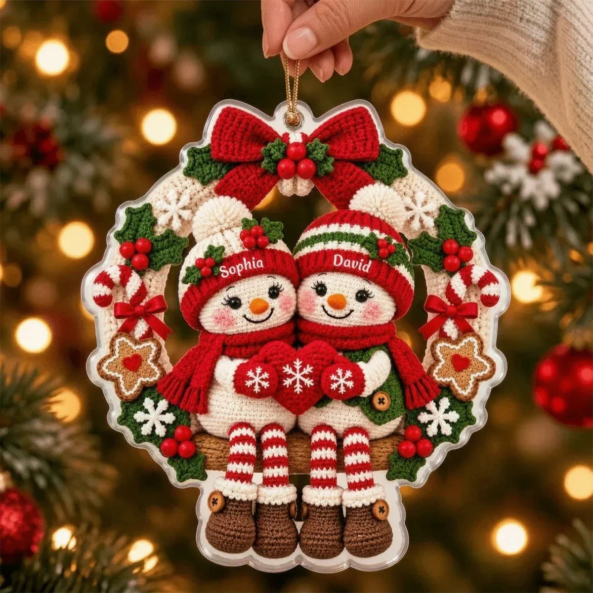 Personalized Crochet Snowman Couple Acrylic Ornament