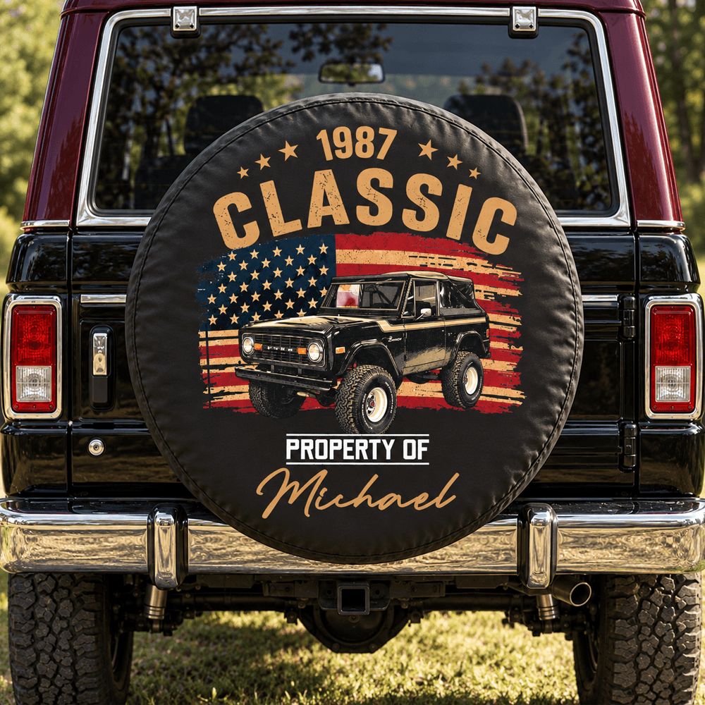 Personalized Leather Spare Tire Cover, Vintage Muscle Car and US Flag Design, Unique Gift for Car Enthusiasts