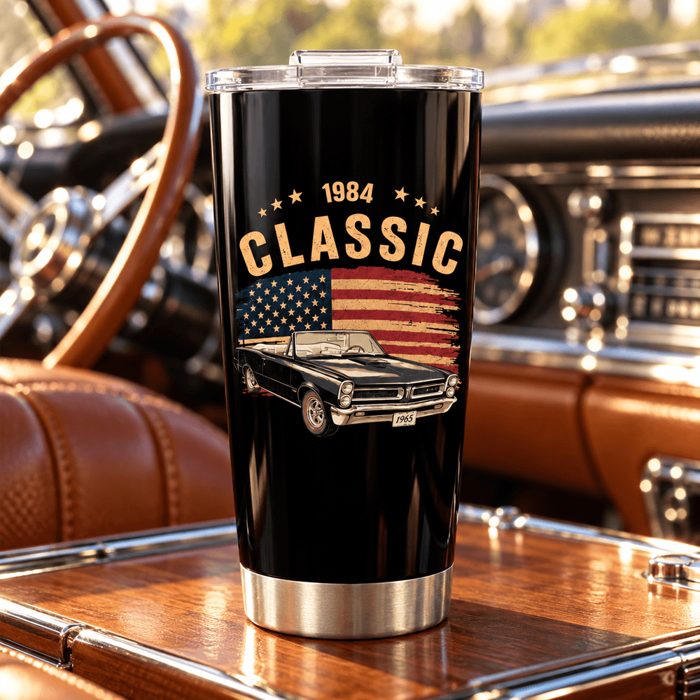 Personalized Insulated Travel Tumbler, Vintage Car and American Flag Design, Unique Gift for Car Enthusiasts