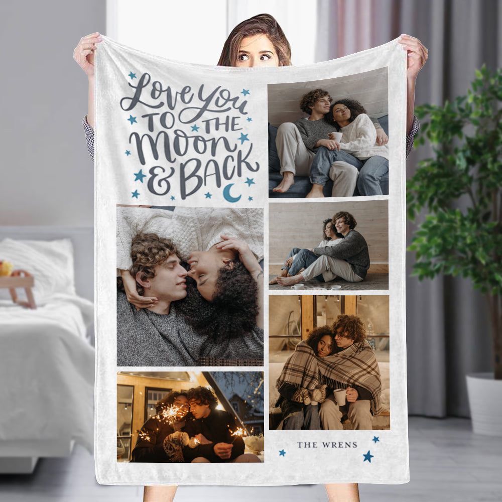 Custom 5 Photos&Text Fleece Blanket Love To The Moon💞