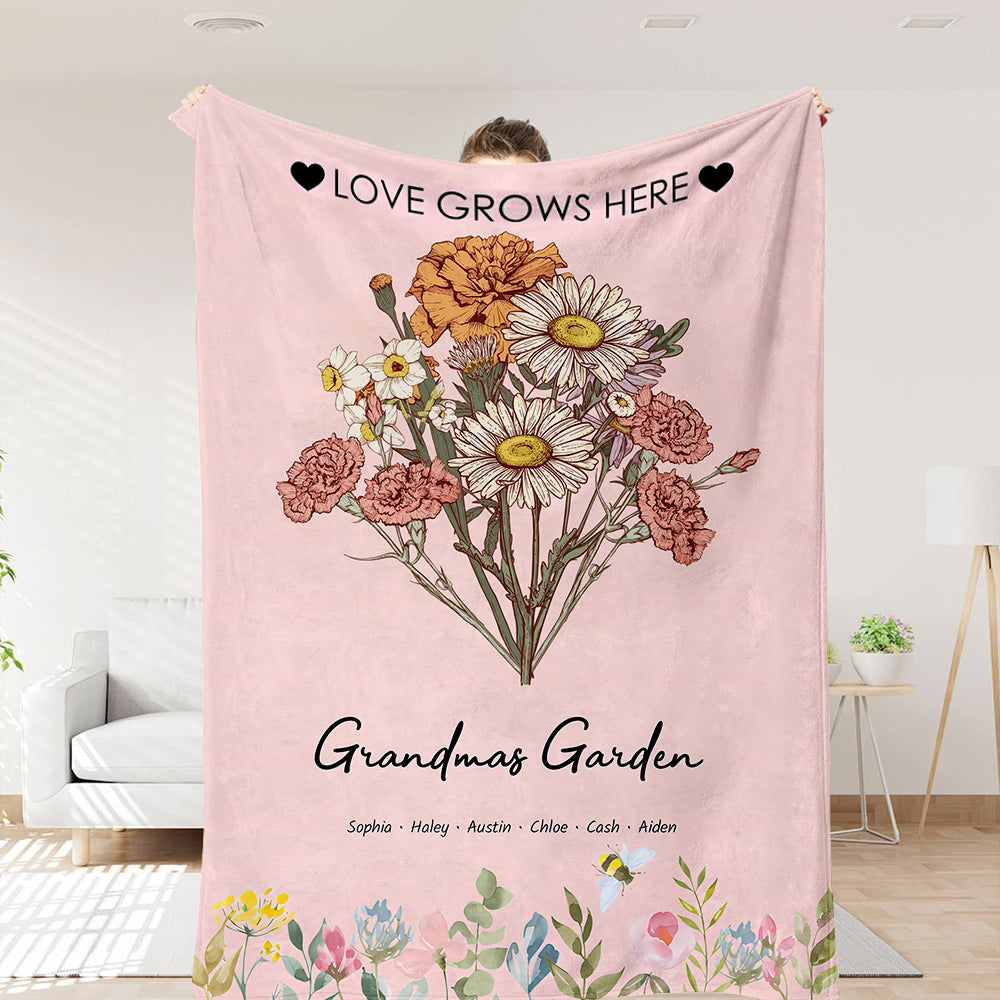 Birth Flower Family Bouquet Customized Winter Blanket