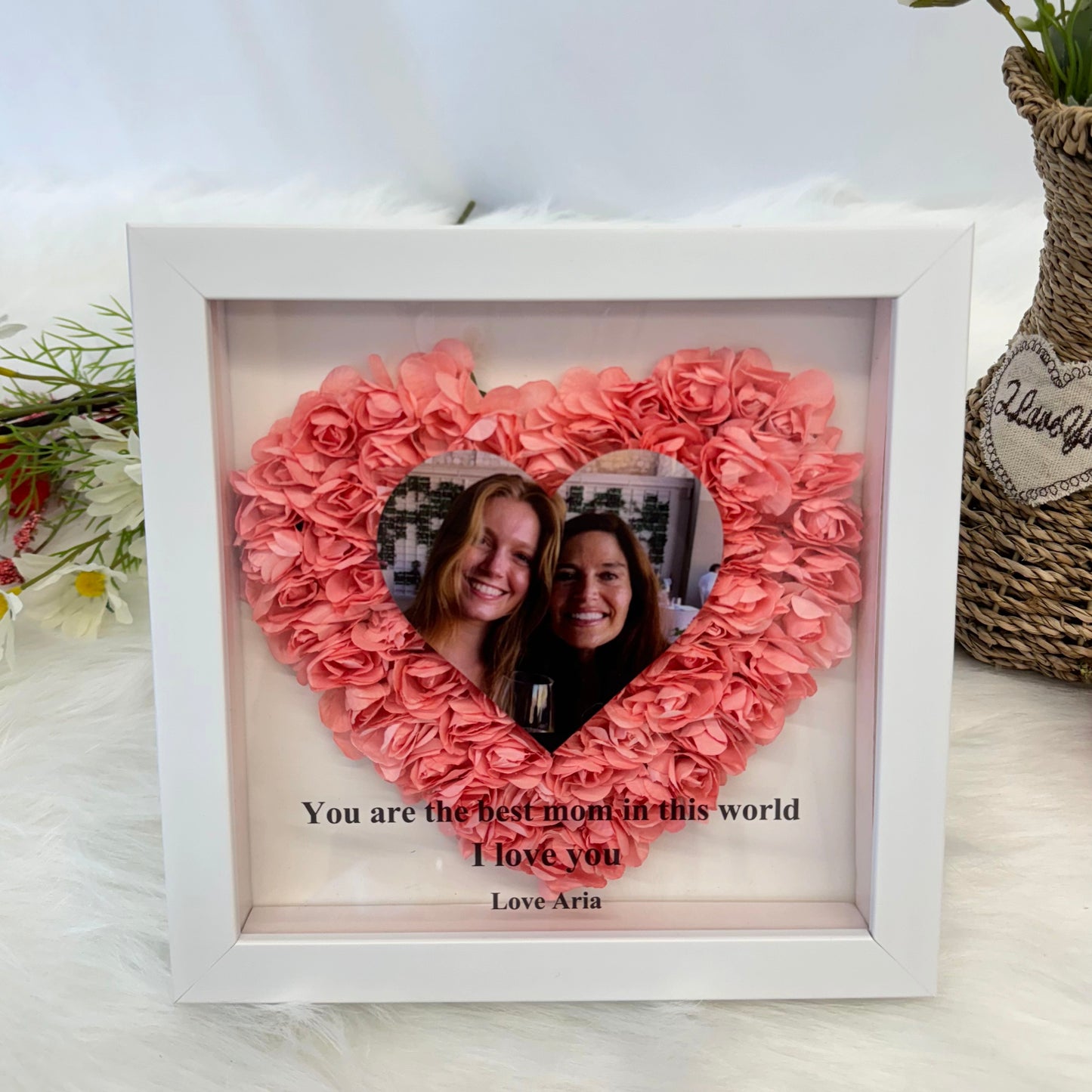 Mom Heart Shaped Monogram Flower Shadow Box with Photo