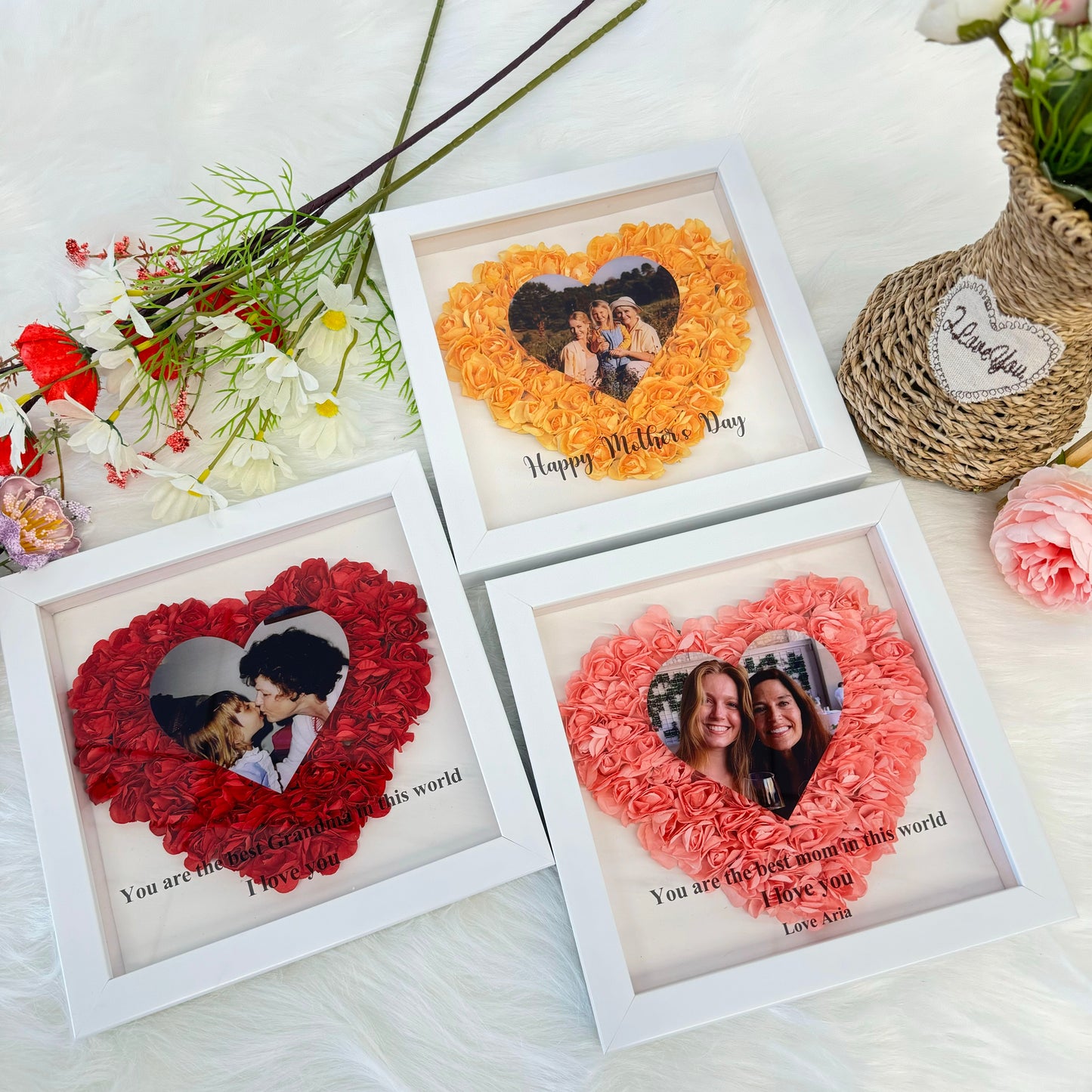 Mom Heart Shaped Monogram Flower Shadow Box with Photo