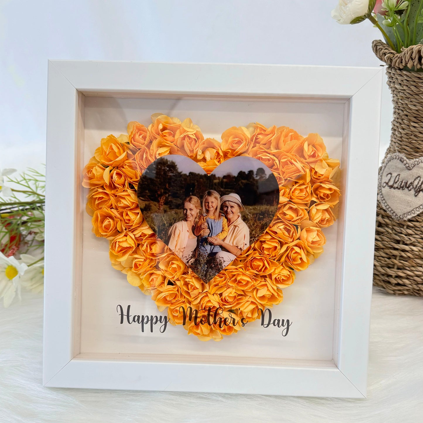 Mom Heart Shaped Monogram Flower Shadow Box with Photo