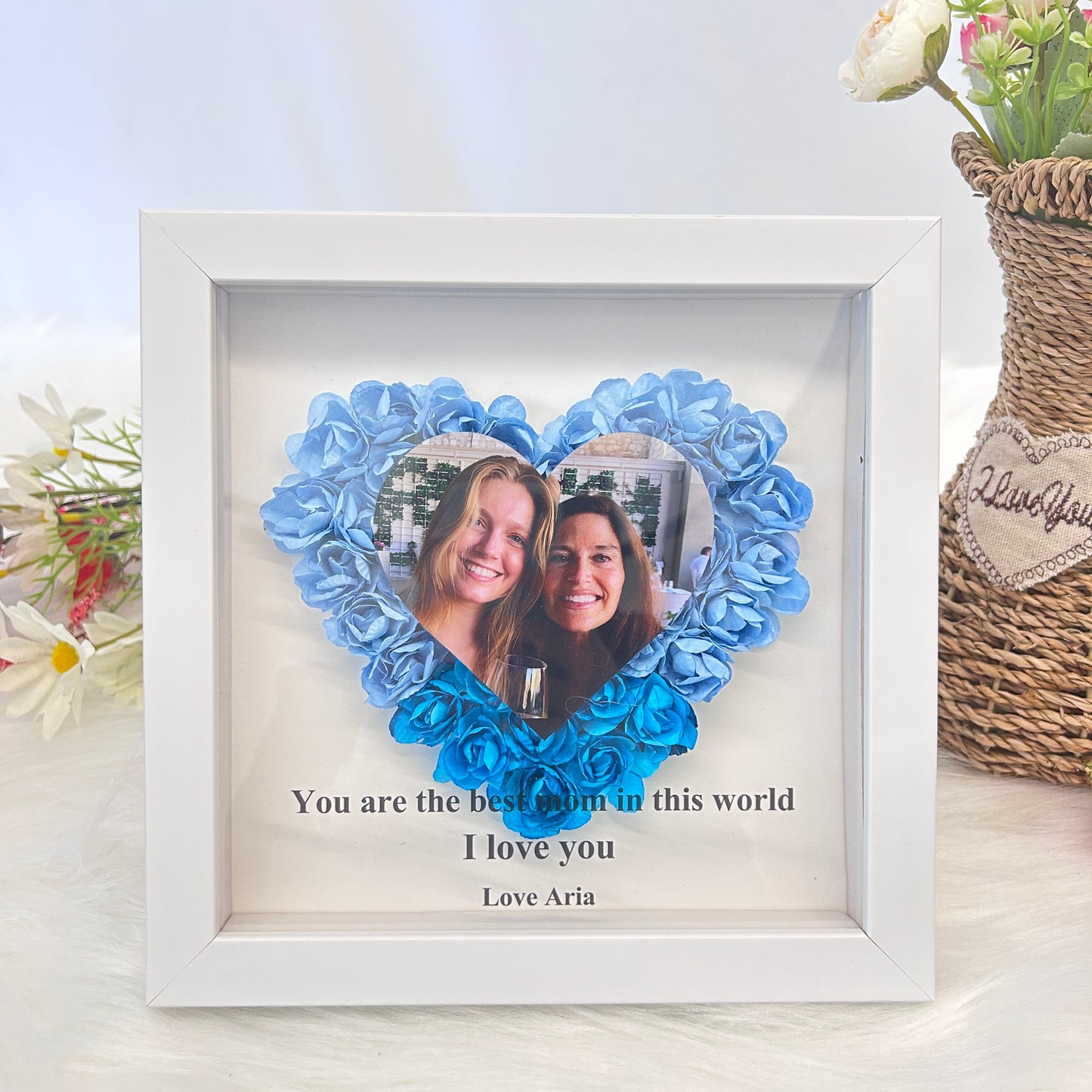 Mom Heart Shaped Monogram Flower Shadow Box with Photo