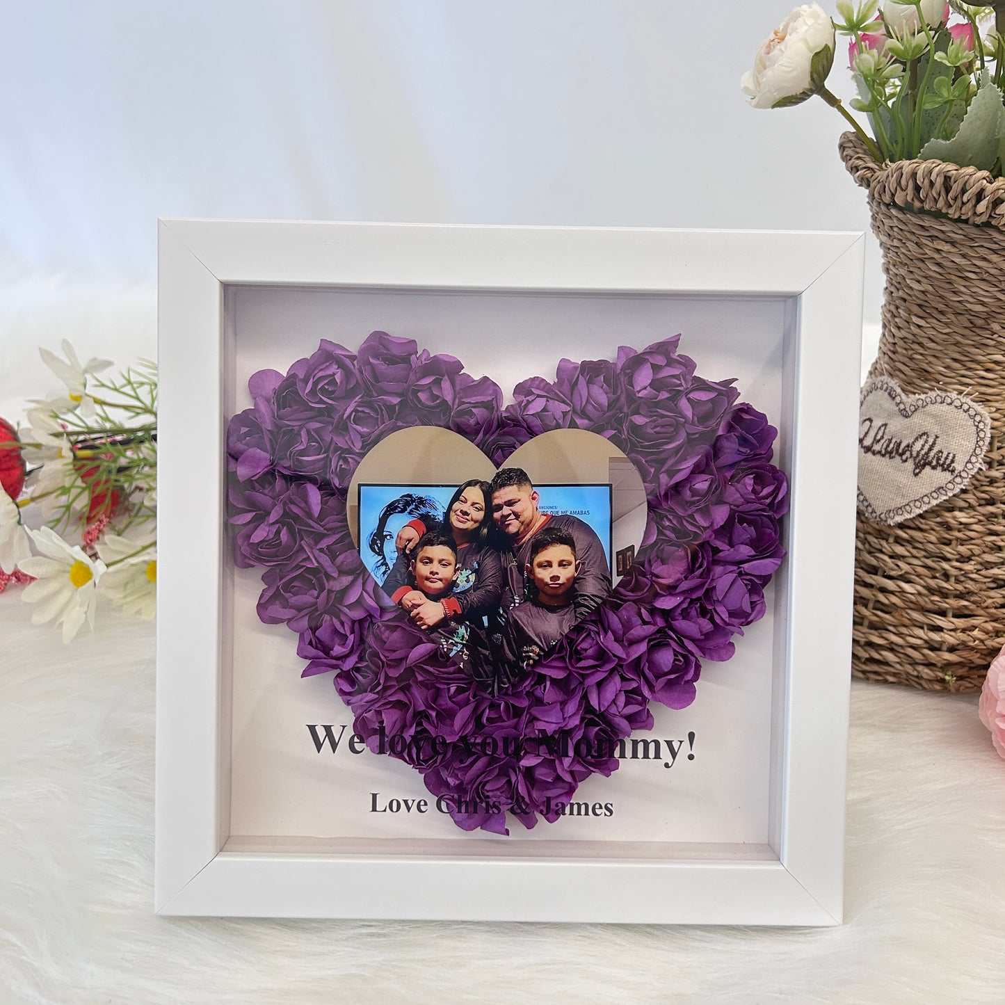 Mom Heart Shaped Monogram Flower Shadow Box with Photo