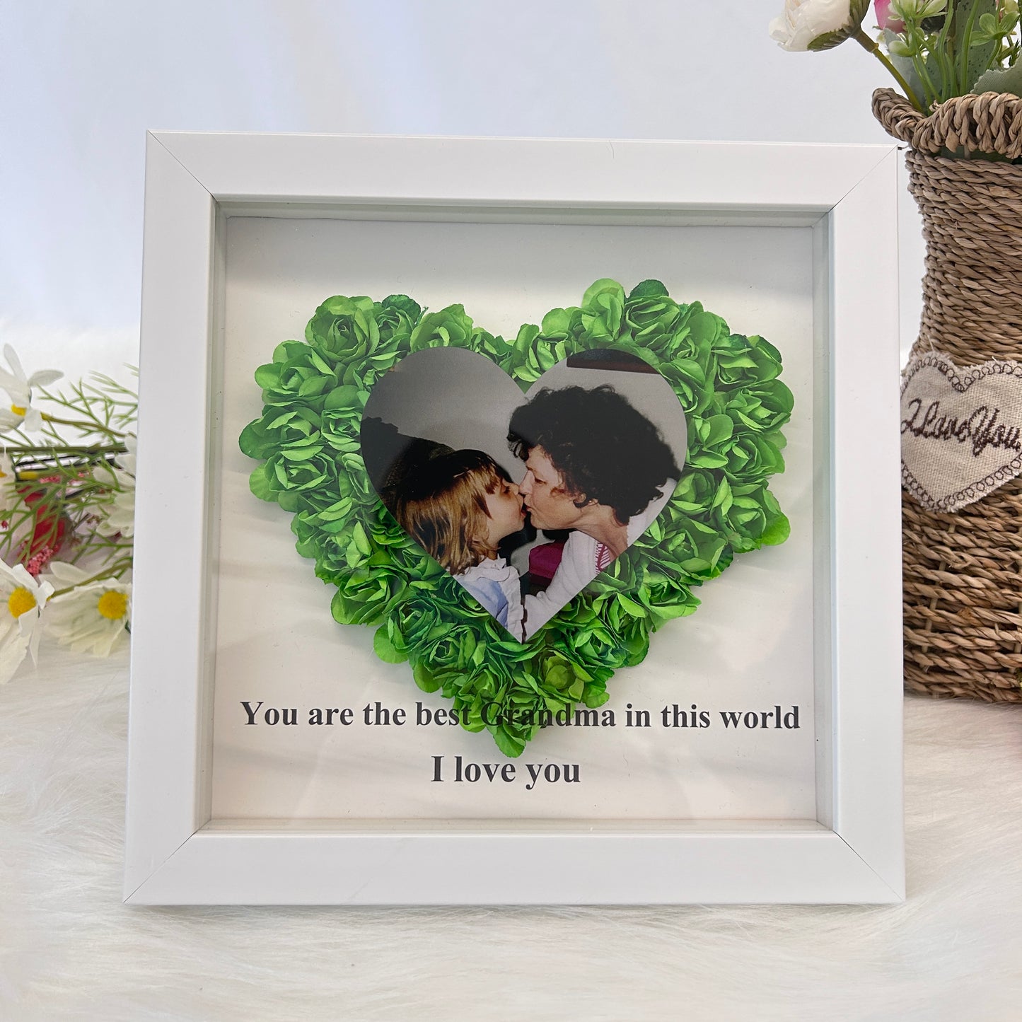 Mom Heart Shaped Monogram Flower Shadow Box with Photo