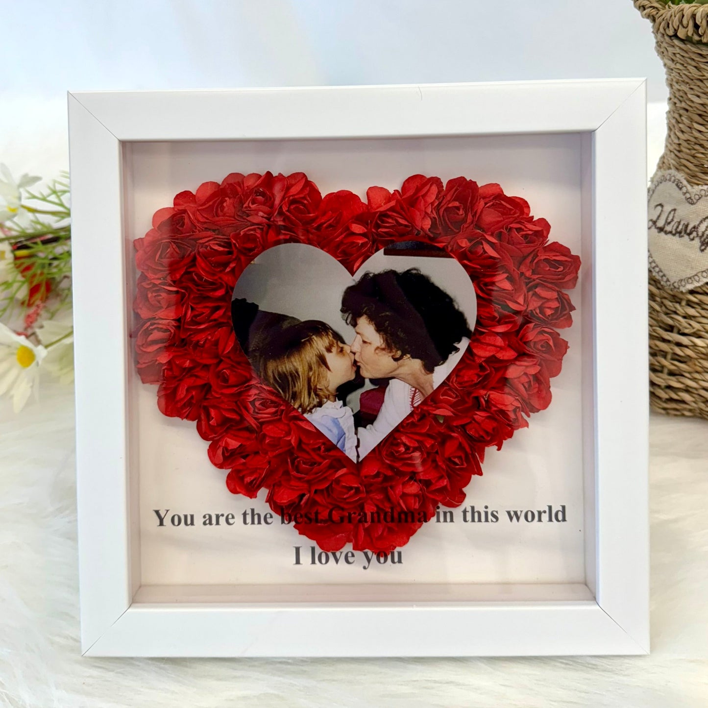 Mom Heart Shaped Monogram Flower Shadow Box with Photo