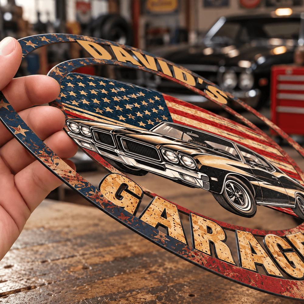 Personalized Shaped Yard Sign with Classic Muscle Car and American Flag, Unique Gift for Dad and Car Enthusiasts