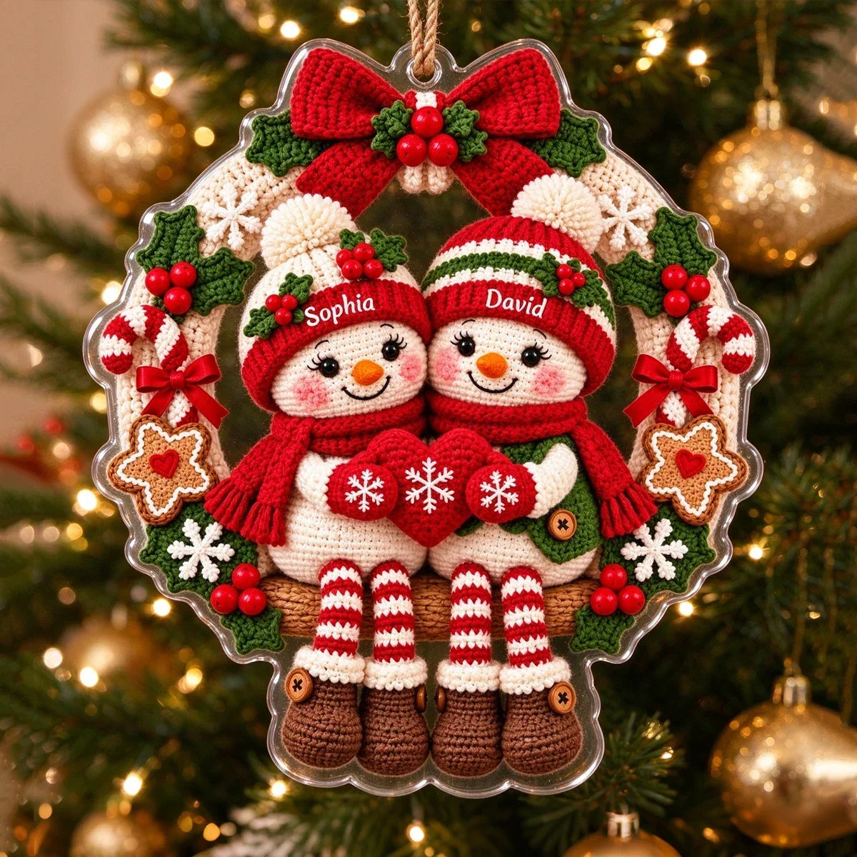 Personalized Crochet Snowman Couple Acrylic Ornament