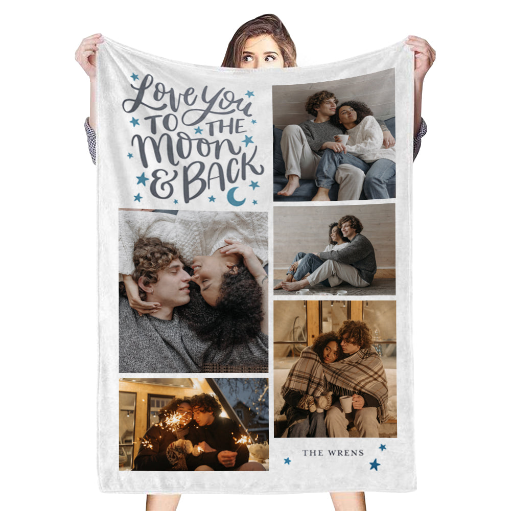 Custom 5 Photos&Text Fleece Blanket Love To The Moon💞