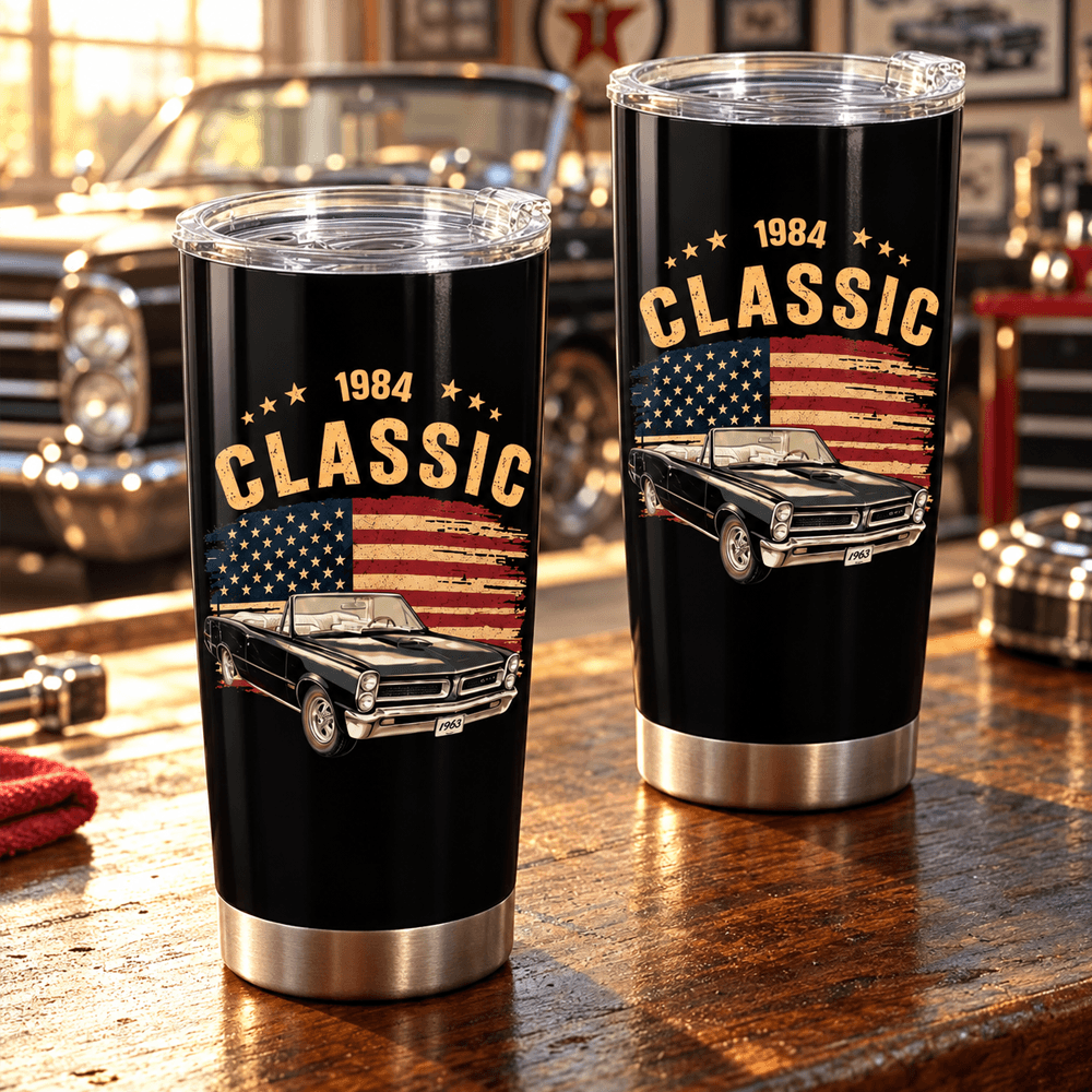 Personalized Insulated Travel Tumbler, Vintage Car and American Flag Design, Unique Gift for Car Enthusiasts