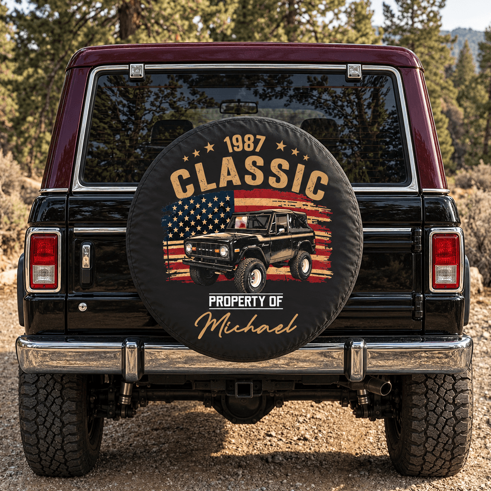 Personalized Leather Spare Tire Cover, Vintage Muscle Car and US Flag Design, Unique Gift for Car Enthusiasts