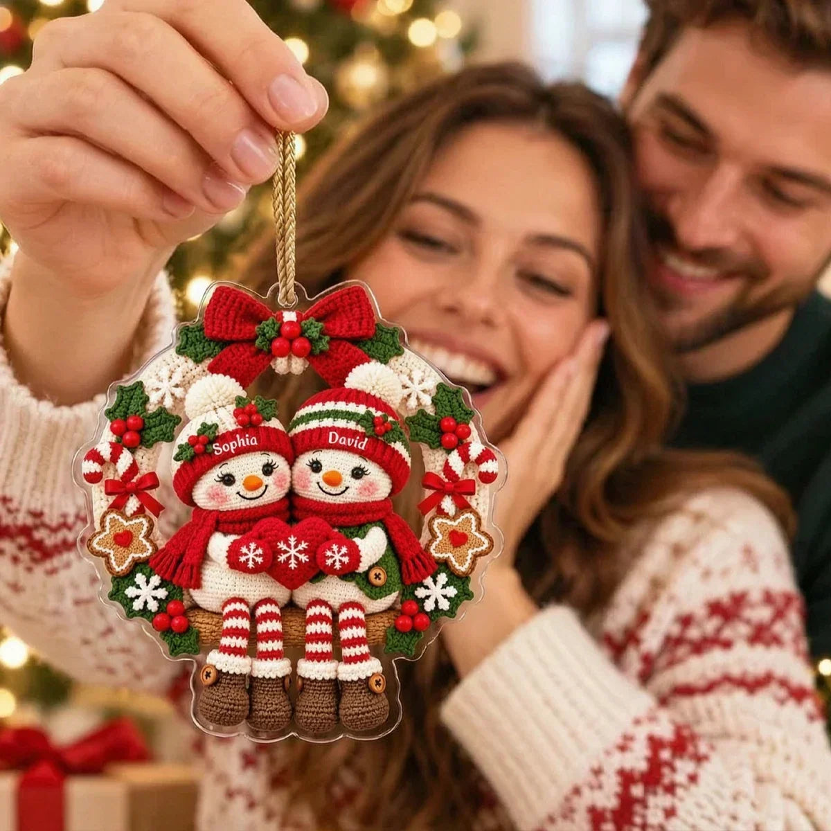 Personalized Crochet Snowman Couple Acrylic Ornament