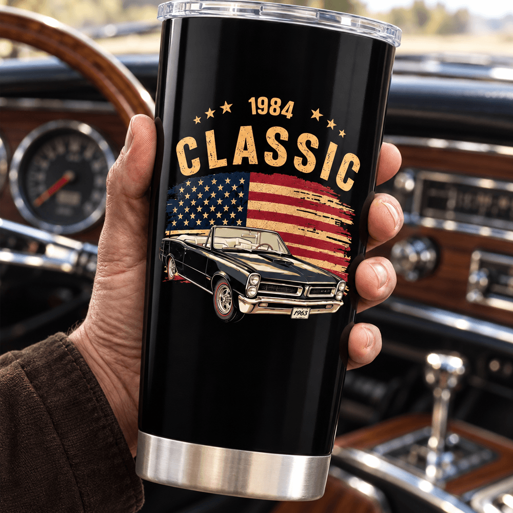 Personalized Insulated Travel Tumbler, Vintage Car and American Flag Design, Unique Gift for Car Enthusiasts