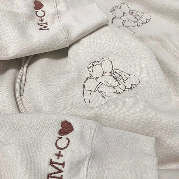 Custom Embroidered Line Drawing Hoodie Couple