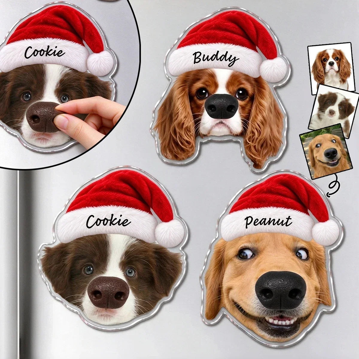 Custom Dog Face Fridge Magnet with Squishy Nose, Personalized Funny Pet Portrait with Santa Hat, Christmas Gift for Dog Owners
