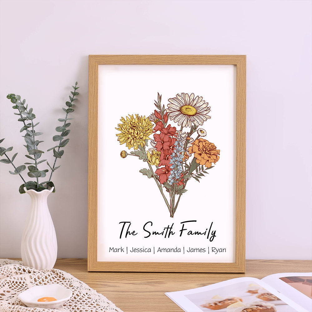 For Big Family-Birth Flower Family Bouquet Personalized Names Frame