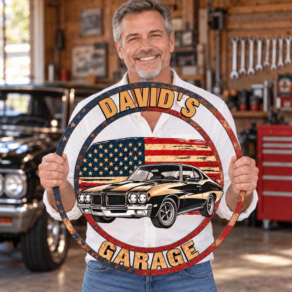 Personalized Shaped Yard Sign with Classic Muscle Car and American Flag, Unique Gift for Dad and Car Enthusiasts
