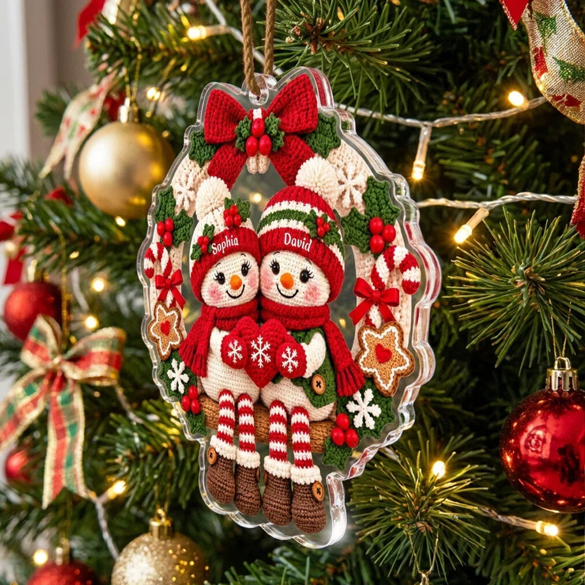 Personalized Crochet Snowman Couple Acrylic Ornament