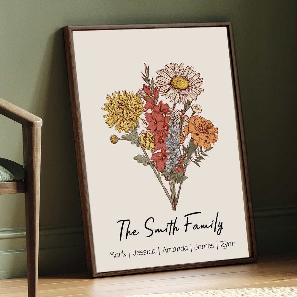 Birth Flower Family Bouquet Personalized Names Frame 🌟