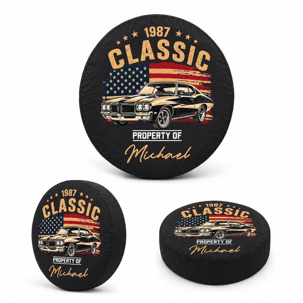 Personalized Leather Spare Tire Cover, Vintage Muscle Car and US Flag Design, Unique Gift for Car Enthusiasts