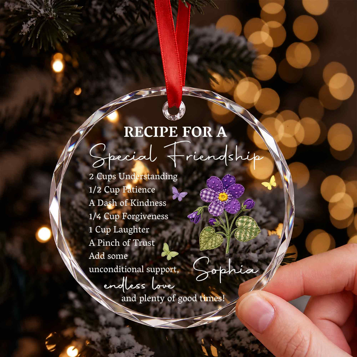 Personalized Special Friendship Purple Flower Glass Ornament
