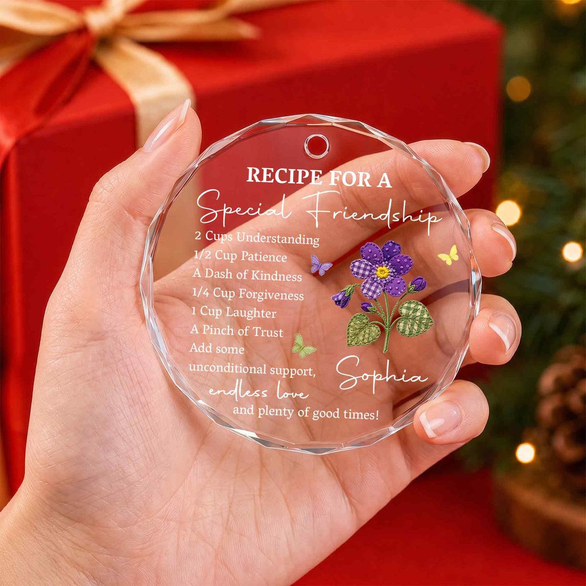 Personalized Special Friendship Purple Flower Glass Ornament
