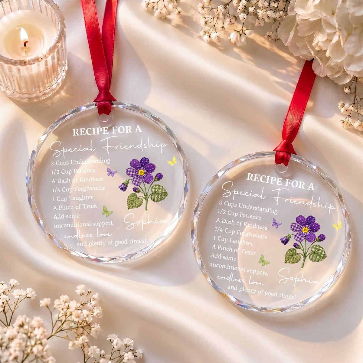 Personalized Special Friendship Purple Flower Glass Ornament