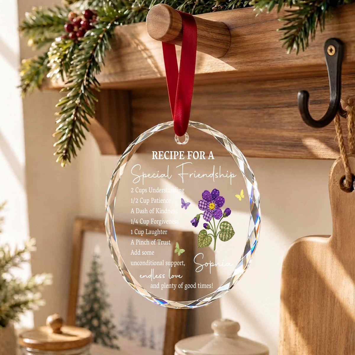 Personalized Special Friendship Purple Flower Glass Ornament